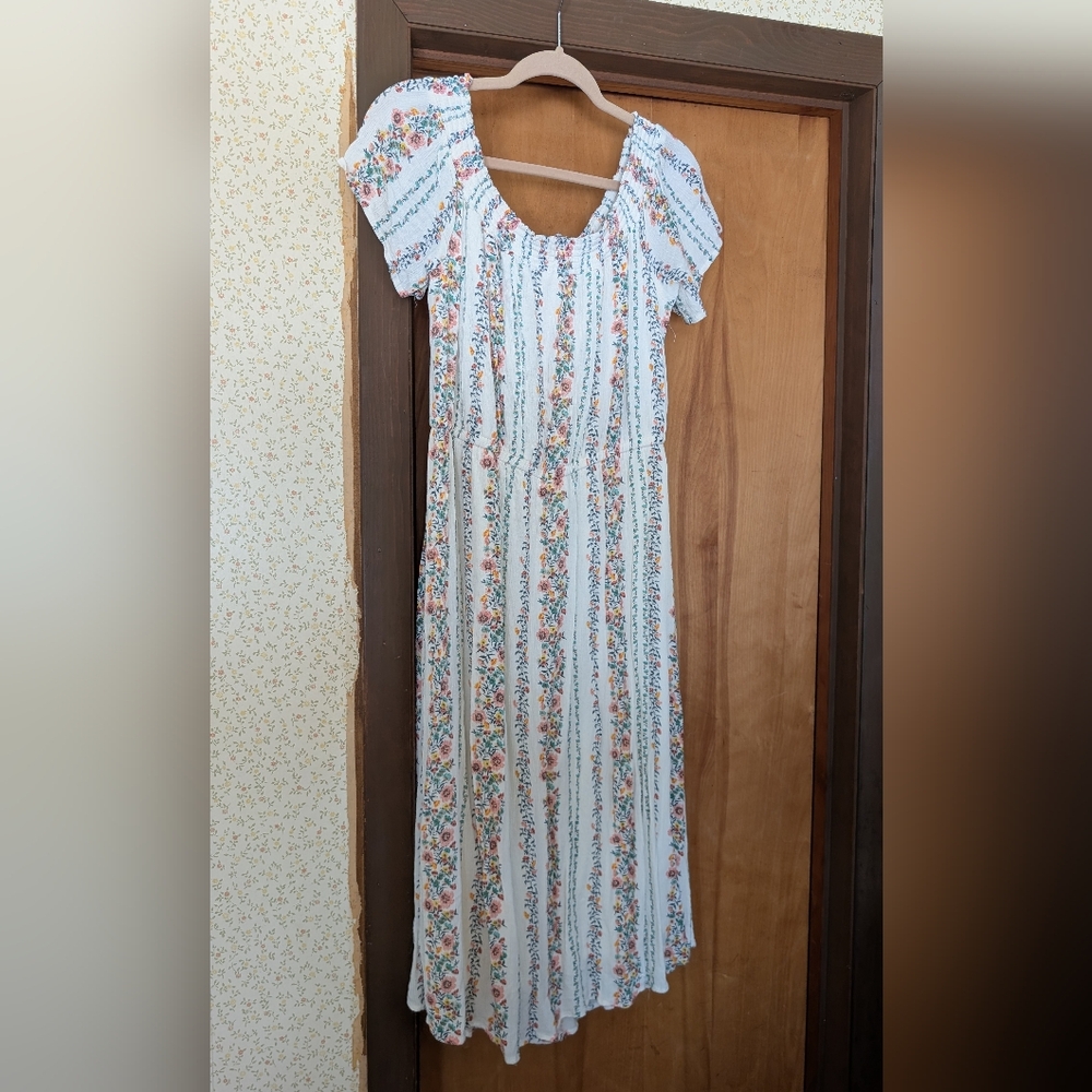 Old Navy White Maxi Dress with Blue and Orange Floral Stripes